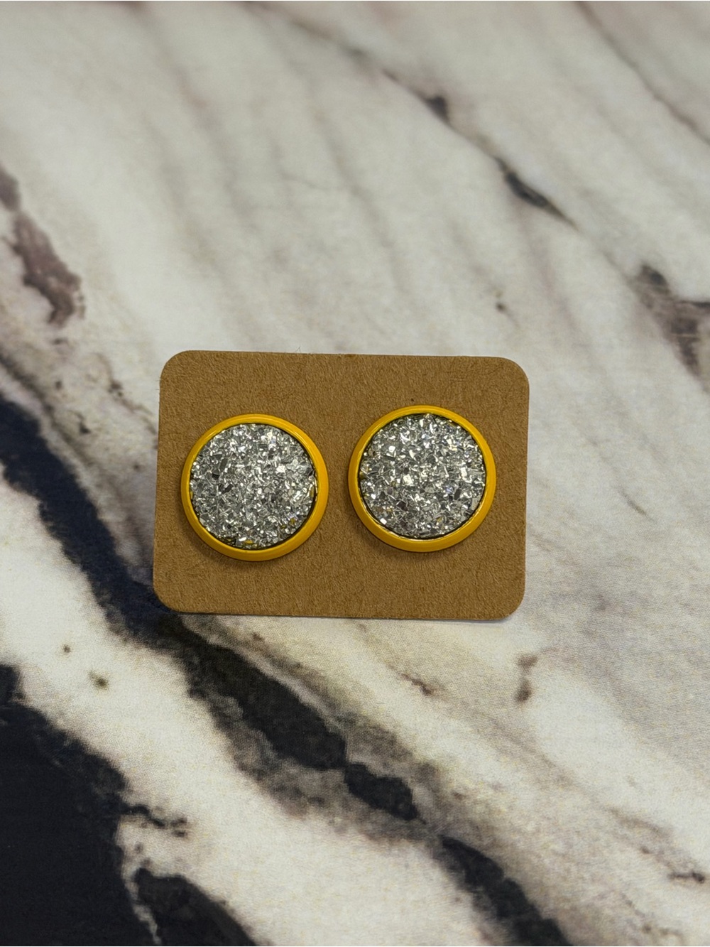 JSCatalog Silver Druzy Studs with Yellow Rim